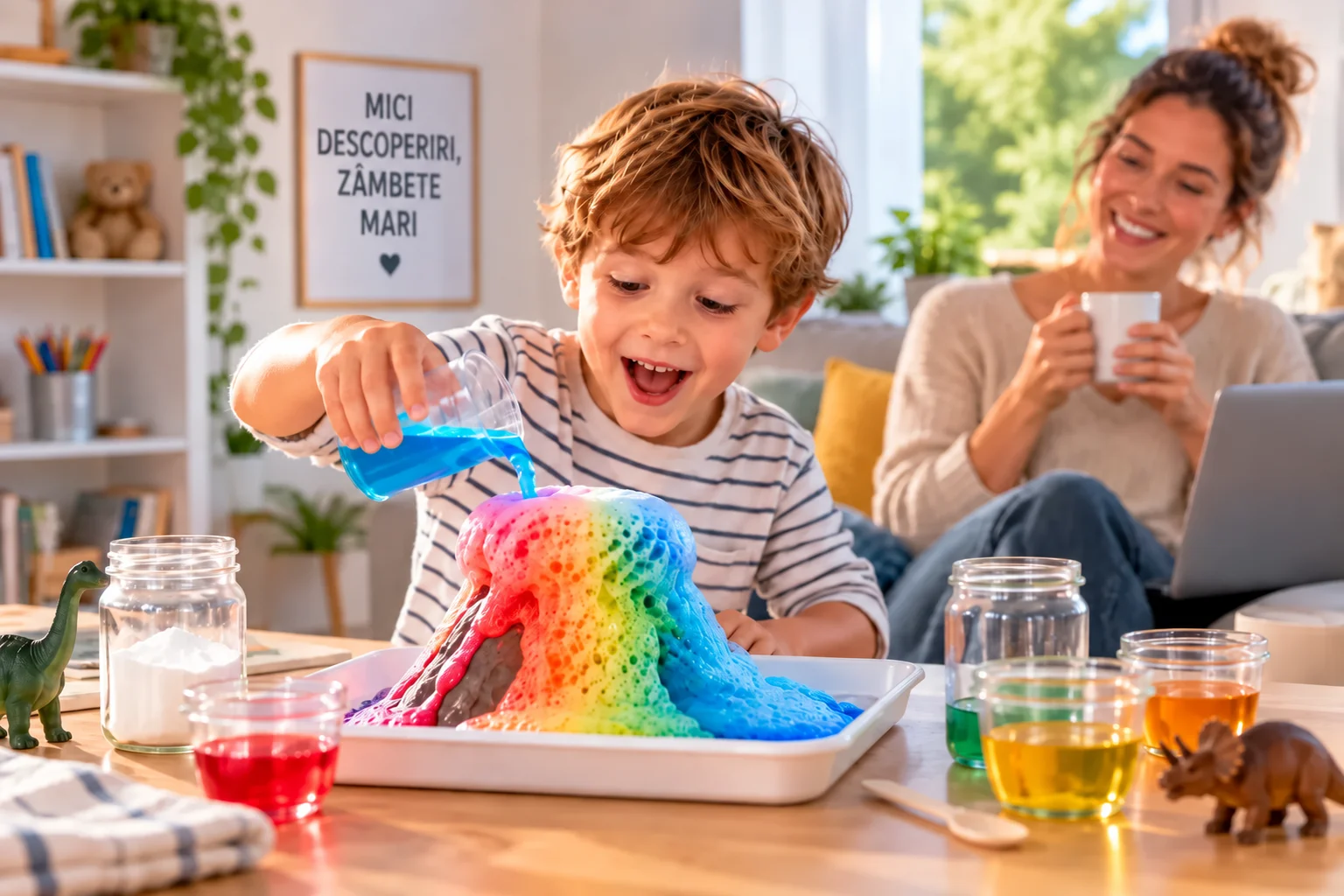 Copil concentrat pe un experiment creativ, în timp ce mama se bucură de un moment de liniște